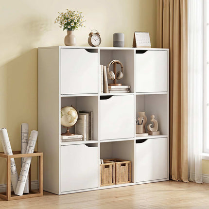 Bibliothèque blanche à 9 cubes avec 5 portes et dispositif anti-basculement