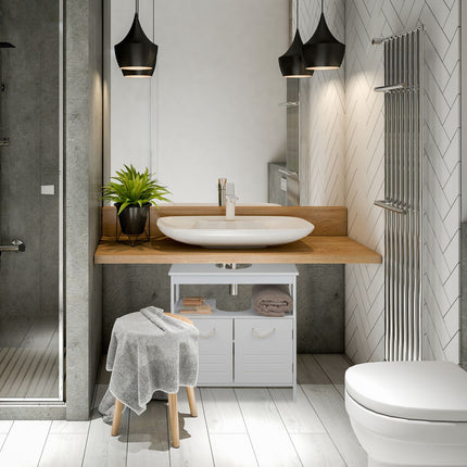Meuble de salle de bain blanc avec étagères de rangement