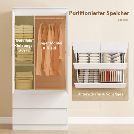 Armoire de chambre blanche - 2 portes, 2 tiroirs, 3 étagères