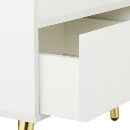 Table de chevet blanche avec pieds dorés, 2 tiroirs