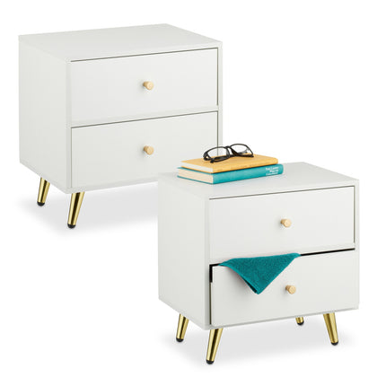 Table de chevet blanche avec pieds dorés, 2 tiroirs