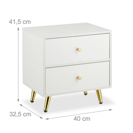 Table de chevet blanche avec pieds dorés, 2 tiroirs