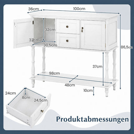 Console blanche avec tiroirs et placards, en pin