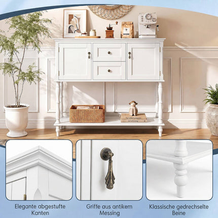 Console blanche avec tiroirs et placards, en pin