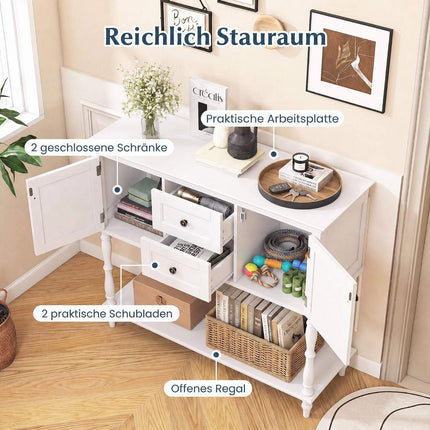 Console blanche avec tiroirs et placards, en pin