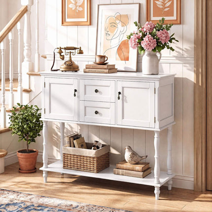 Console blanche avec tiroirs et placards, en pin