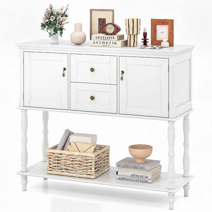 Console blanche avec tiroirs et placards, en pin