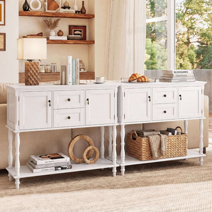 Console blanche avec tiroirs et placards, en pin
