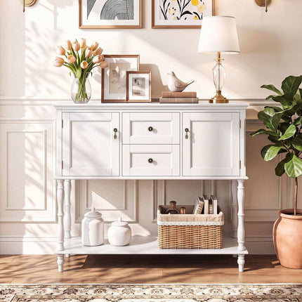 Console blanche avec tiroirs et placards, en pin