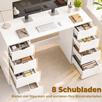 Bureau blanc à 8 tiroirs, 140 cm – Rangement de bureau moderne
