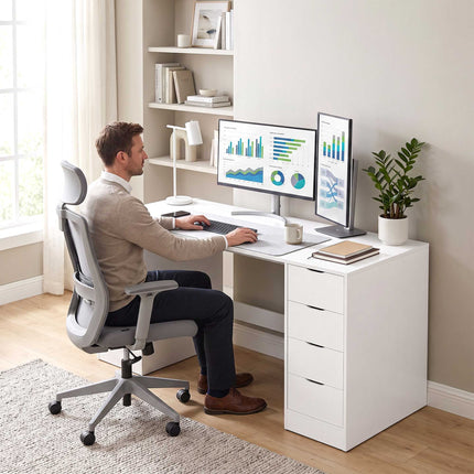 Bureau blanc à 8 tiroirs, 140 cm – Rangement de bureau moderne