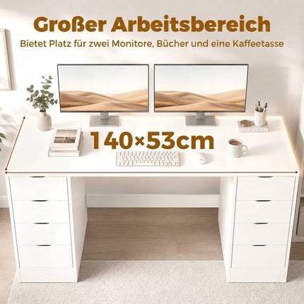 Bureau blanc à 8 tiroirs, 140 cm – Rangement de bureau moderne