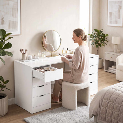 Bureau blanc à 8 tiroirs, 140 cm – Rangement de bureau moderne
