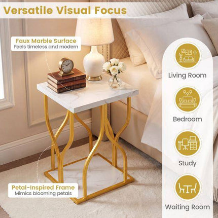 Table de chevet en faux marbre blanc avec cadre en métal doré