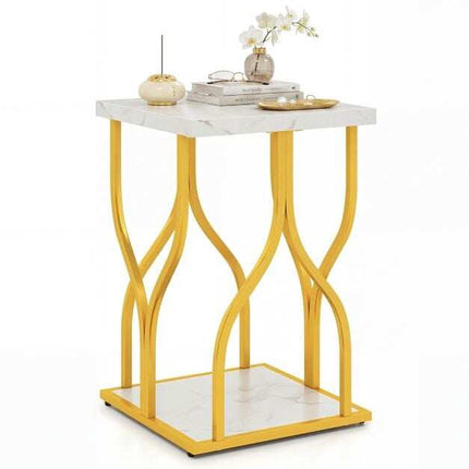 Table de chevet en faux marbre blanc avec cadre en métal doré
