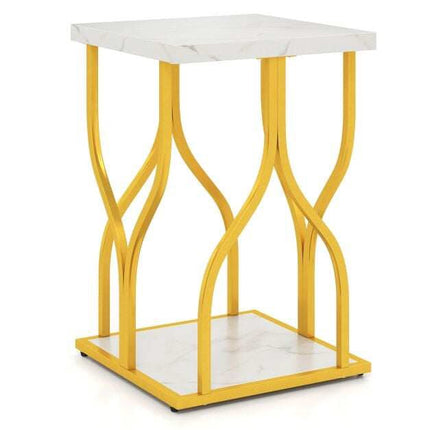 Table de chevet en faux marbre blanc avec cadre en métal doré