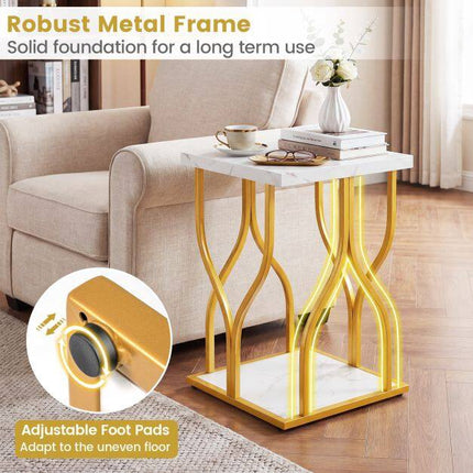 Table de chevet en faux marbre blanc avec cadre en métal doré