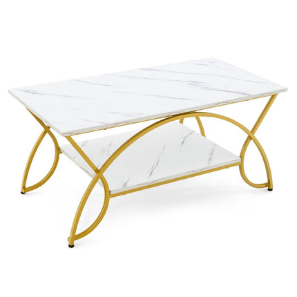 Couchtisch aus weißem Marmorimitat, 2 Ebenen, goldene Beine, 100x50x45 cm