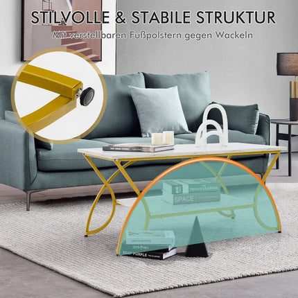 Couchtisch aus weißem Marmorimitat, 2 Ebenen, goldene Beine, 100x50x45 cm