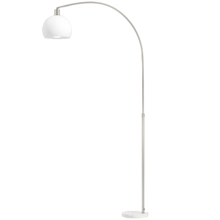 Lampadaire blanc, tête incurvée, base en marbre, interrupteur au pied