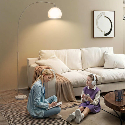 Lampadaire blanc, tête incurvée, base en marbre, interrupteur au pied