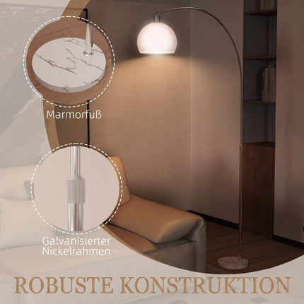 Lampadaire blanc, tête incurvée, base en marbre, interrupteur au pied