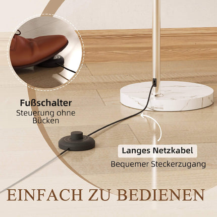Lampadaire blanc, tête incurvée, base en marbre, interrupteur au pied