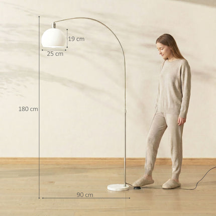 Lampadaire blanc, tête incurvée, base en marbre, interrupteur au pied