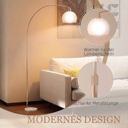 Lampadaire blanc, tête incurvée, base en marbre, interrupteur au pied