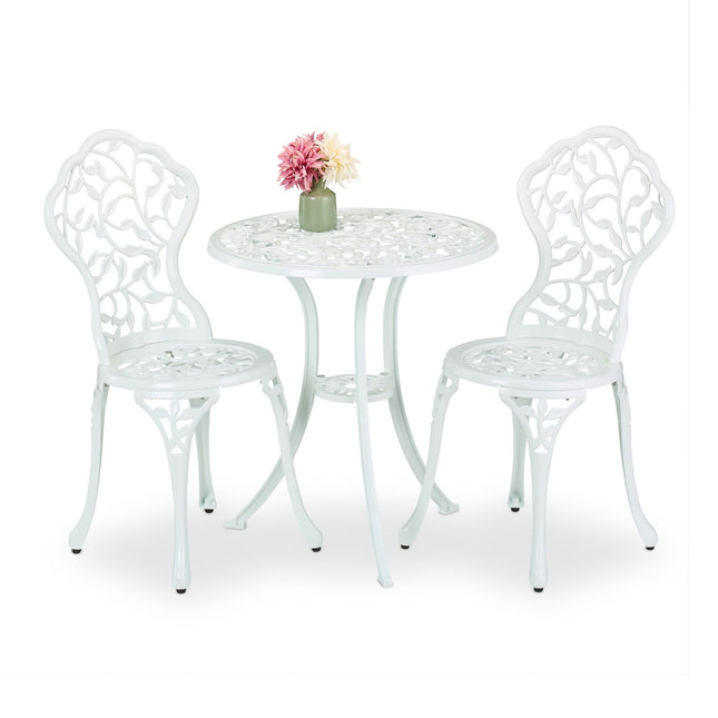 Ensemble bistro en métal blanc - Table et 2 chaises, motif feuille