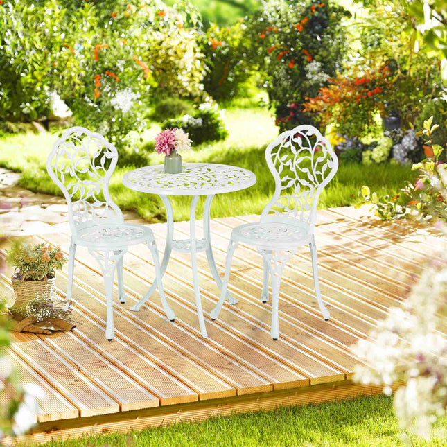 Ensemble bistro en métal blanc - Table et 2 chaises, motif feuille