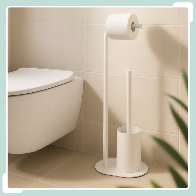 Ensemble porte-papier toilette et brosse en métal blanc