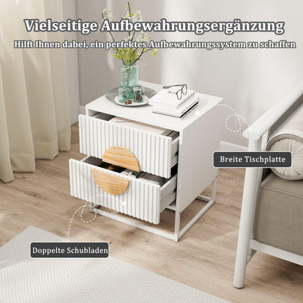 Table d'appoint blanche de style Mid-Century avec 2 tiroirs et structure en métal