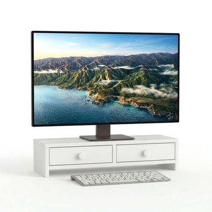 Support pour écran blanc avec 2 tiroirs, en MDF