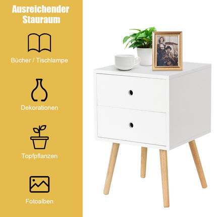 Weißer Nachttisch mit 2 Schubladen, Eichenholzbeine