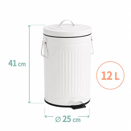 Poubelle à pédale rétro blanche, capacité 12 L, couvercle à fermeture douce