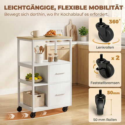 Chariot de cuisine roulant blanc avec 2 tiroirs et une étagère ouverte