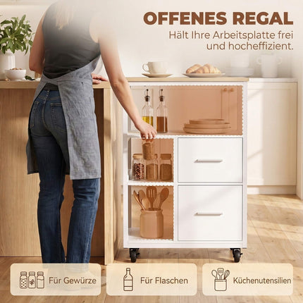 Chariot de cuisine roulant blanc avec 2 tiroirs et une étagère ouverte