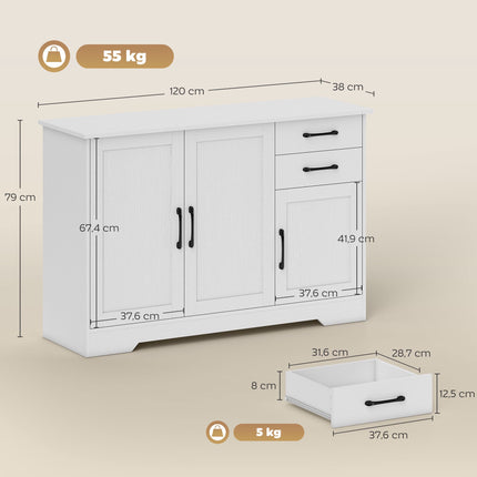 Weißes Sideboard mit 2 Schubladen und verstellbarem Einlegeboden
