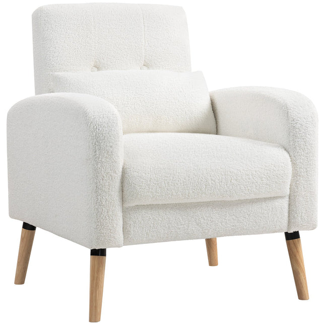 Fauteuil rembourré blanc avec coussin, pieds en hévéa
