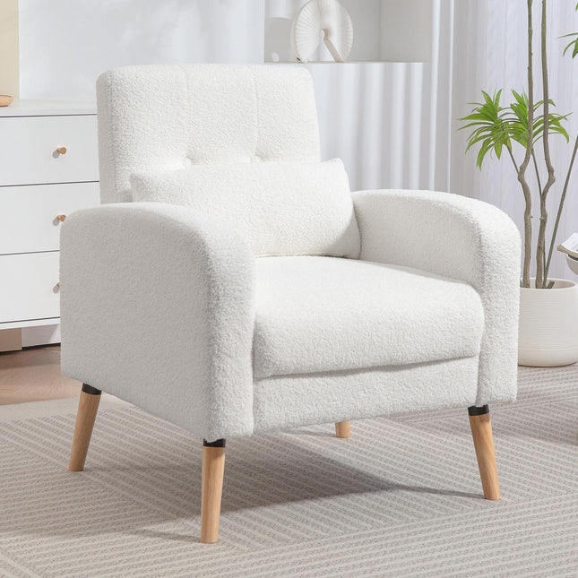 Fauteuil rembourré blanc avec coussin, pieds en hévéa