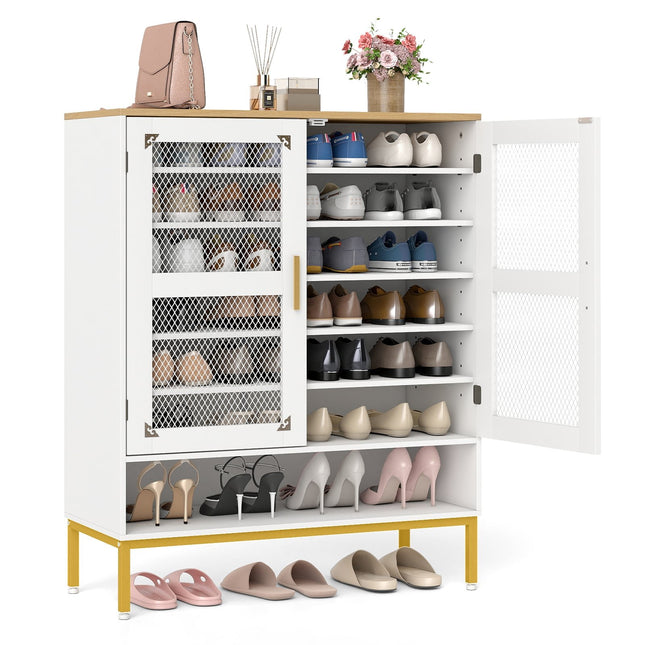 Meuble à chaussures en bois blanc avec étagères réglables et portes en maille
