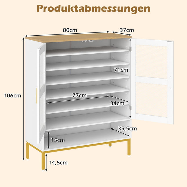 Meuble à chaussures en bois blanc avec étagères réglables et portes en maille