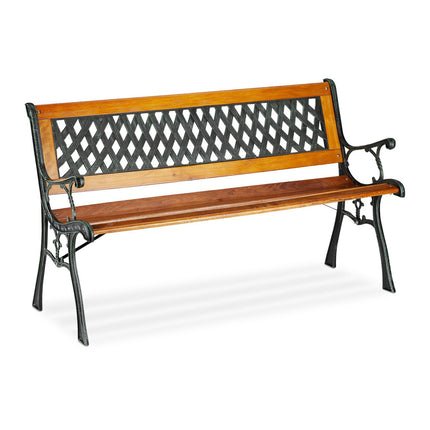 Banc de jardin aspect osier, lattes en bois, structure en fonte
