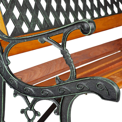 Banc de jardin aspect osier, lattes en bois, structure en fonte