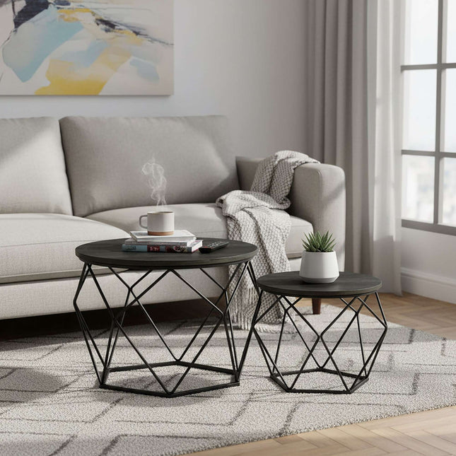 Ensemble de 2 tables d'appoint en osier avec plateaux amovibles