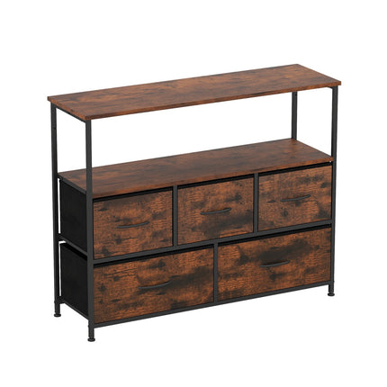 Commode large avec 2 étagères ouvertes, 5 tiroirs, structure en métal