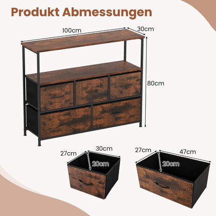Commode large avec 2 étagères ouvertes, 5 tiroirs, structure en métal