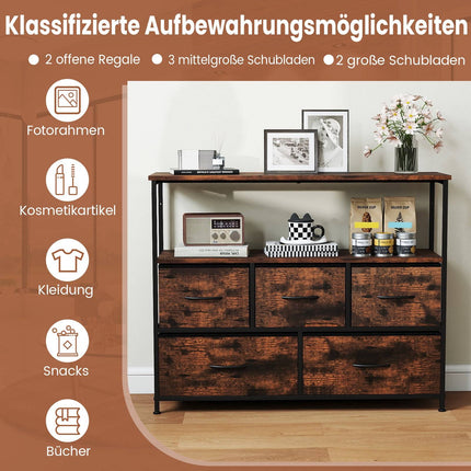 Commode large avec 2 étagères ouvertes, 5 tiroirs, structure en métal