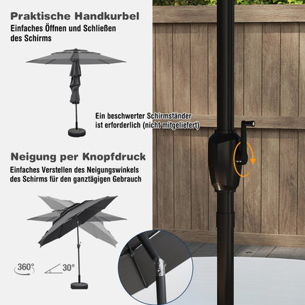 Parasol de terrasse résistant au vent, 300 cm, inclinaison par manivelle, gris